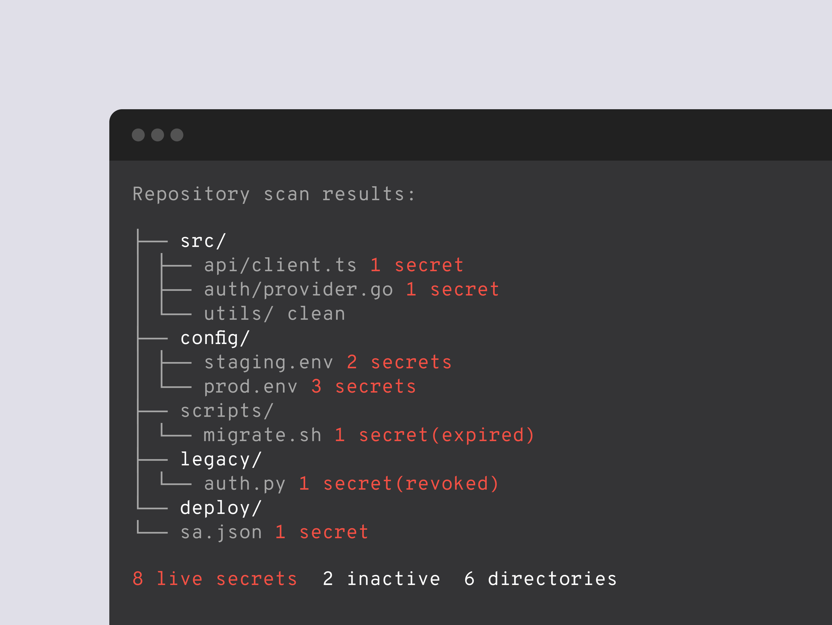 Repository scan results showing secrets found across source files, config, and connected systems.